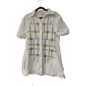 Ravel Blouse Vintag L White Geometric Embroidery Button Up Short Sleeve Crinkled